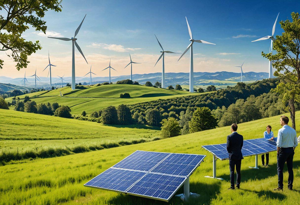 A serene landscape showcasing a modern wind farm and solar panels on rolling hills under a bright blue sky, symbolizing sustainable energy. Incorporate diverse people in professional attire discussing policies, with infographics on energy efficiency in the background. Include lush greenery and wildlife to emphasize environmental harmony. warm colors. painterly style.