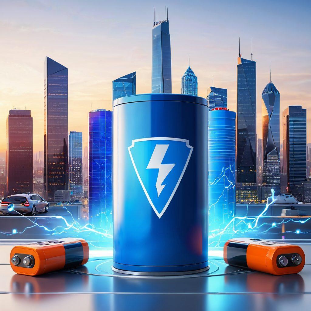 A dynamic composition featuring a powerful battery surrounded by various insurance symbols like shields and checkmarks, illustrating robust protection. The background should depict a modern city skyline to symbolize technology and innovation. Include a strong contrast of warm and cool colors to convey energy and safety. super-realistic. vibrant colors. white background.